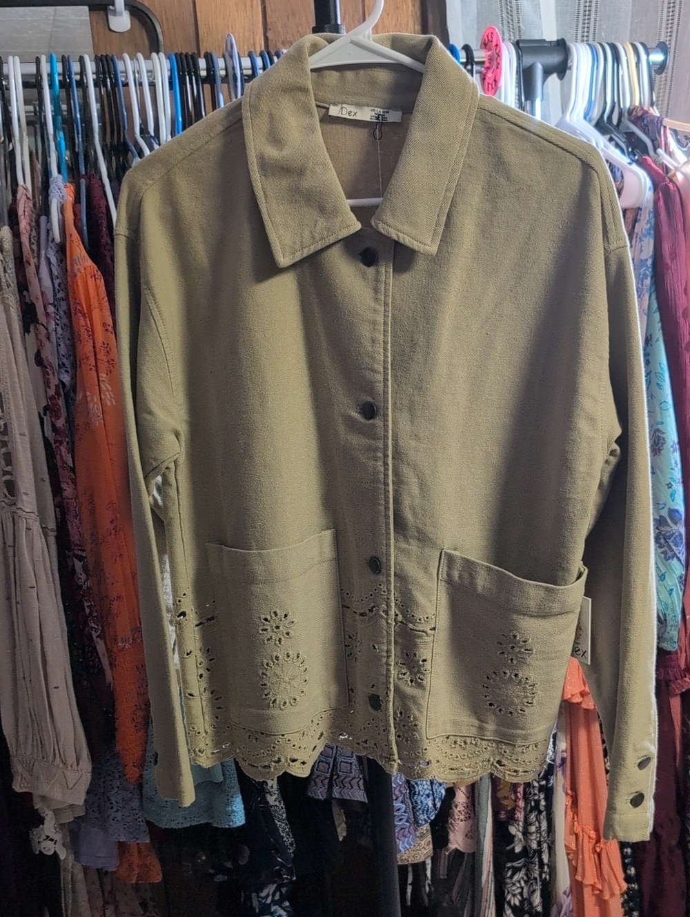 Dex Olive Eyelet Hem Jean Jacket NWT